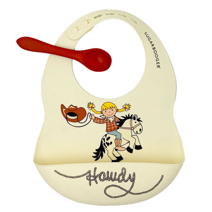 Silicone baby bib and spoon set with cowgirl and horse howdy design, adjustable bib with catch pocket and matching feeding spoon