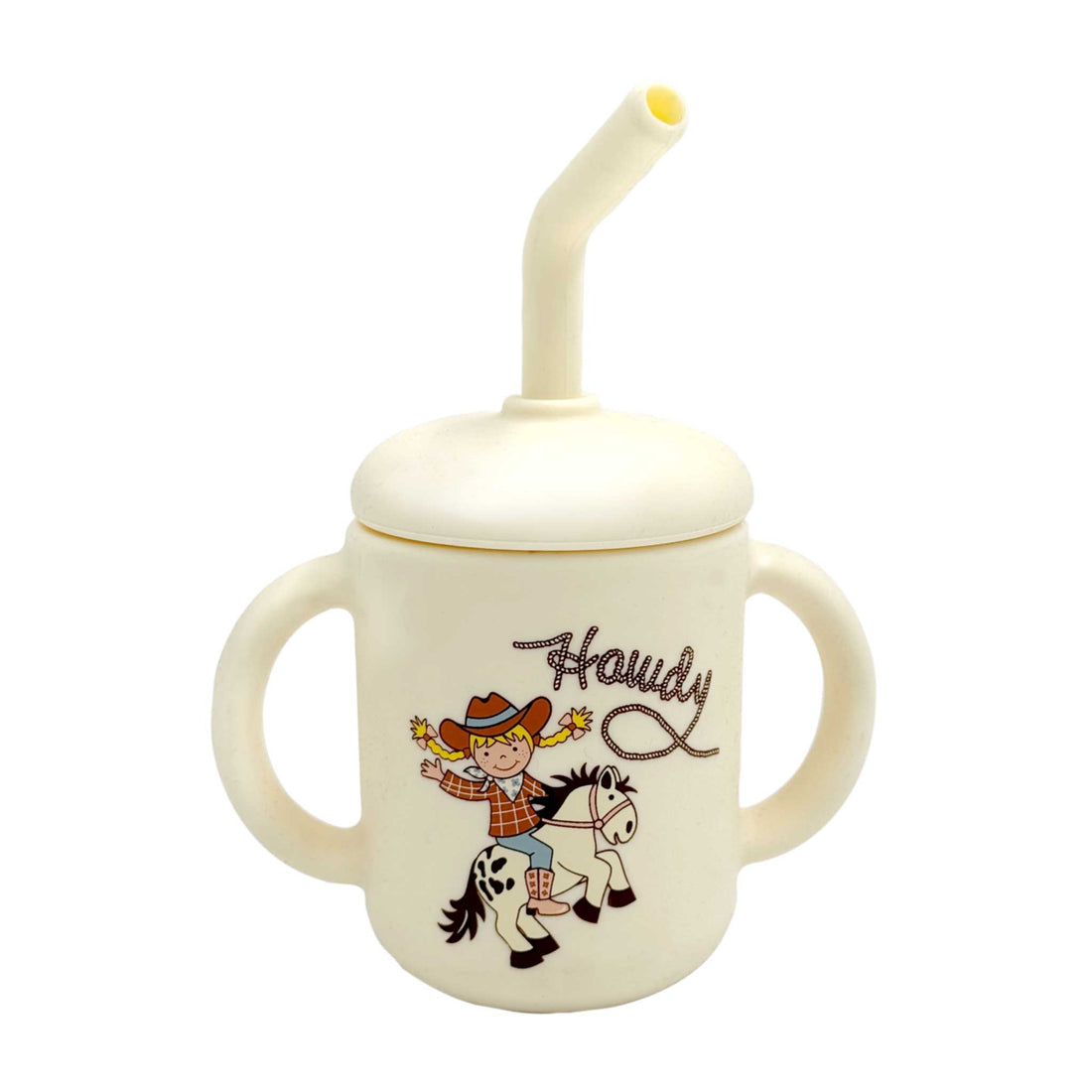 Cream silicone baby sippy cup with handles and straw, featuring cowgirl and pony howdy design, 6 ounce training cup