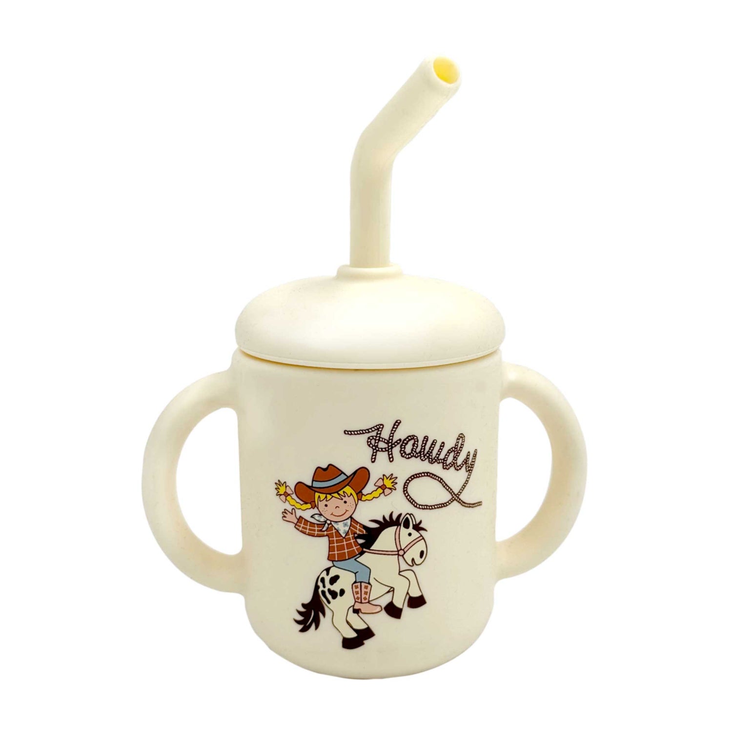 Cream silicone baby sippy cup with handles and straw, featuring cowgirl and pony howdy design, 6 ounce training cup