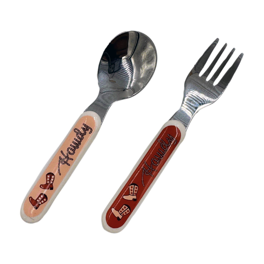 Kids fork and spoon set with western howdy design and cowboy boot graphics, toddler silverware with ergonomic handles