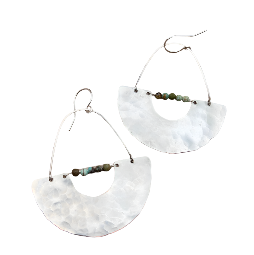 Handmade Silver Mesa Earrings featuring gold or silver pendants with turquoise beads, hanging from hypoallergenic 14k gold-filled or sterling silver ear wires.