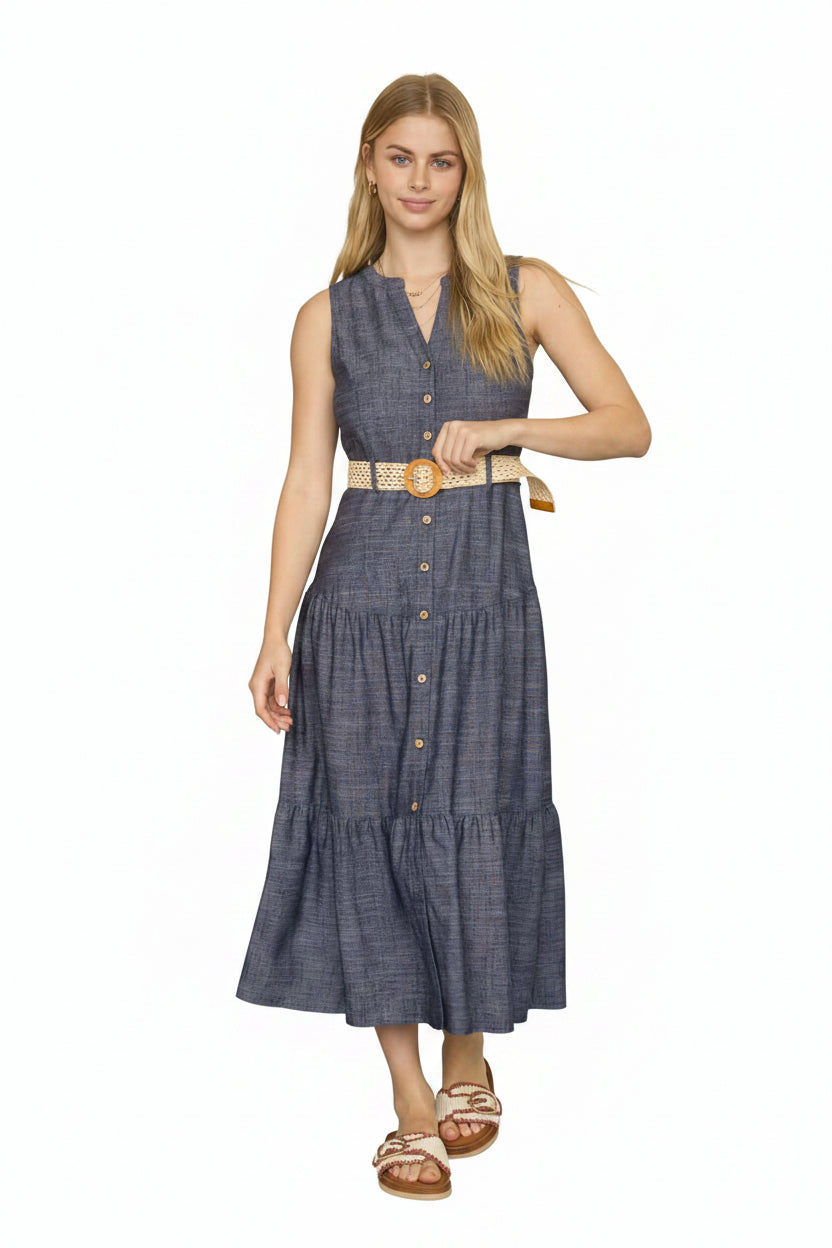 Sleeveless blue midi dress with button front, tiered skirt, and woven belt