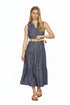 Sleeveless blue midi dress with button front, tiered skirt, and woven belt