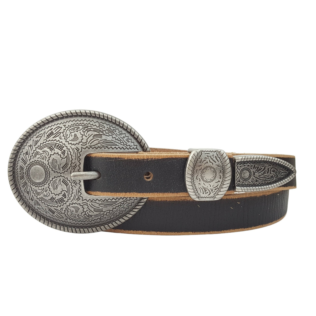 Ironline Silver Belt with dark engraved floral buckle and rope edge detailing on black distressed leather skinny belt