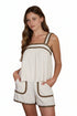 Cream square neck sleeveless cami top with brown scalloped trim and relaxed fit