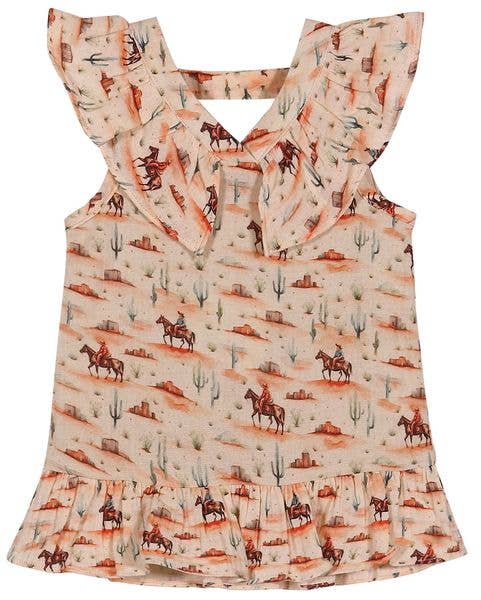 Girls western cotton dress with desert print featuring horse riders and cactus, ruffled neckline and hem with flutter sleeve detail
