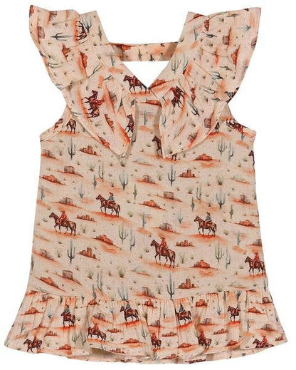 Girls western cotton dress with desert print featuring horse riders and cactus, ruffled neckline and hem with flutter sleeve detail