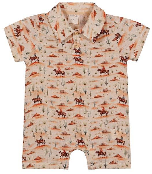 Baby western cotton collared romper with desert print featuring horse riders and cactus, button front with snap closure for easy dressing