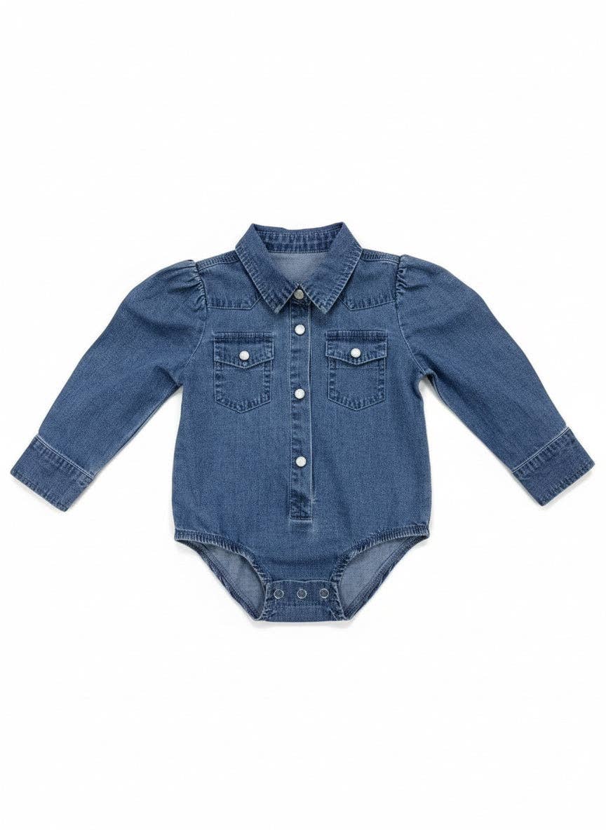 Baby western denim romper with snap front, chest pockets, and long sleeves in classic blue denim, styled as a one-piece bodysuit for infants