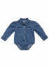 Baby western denim romper with snap front, chest pockets, and long sleeves in classic blue denim, styled as a one-piece bodysuit for infants