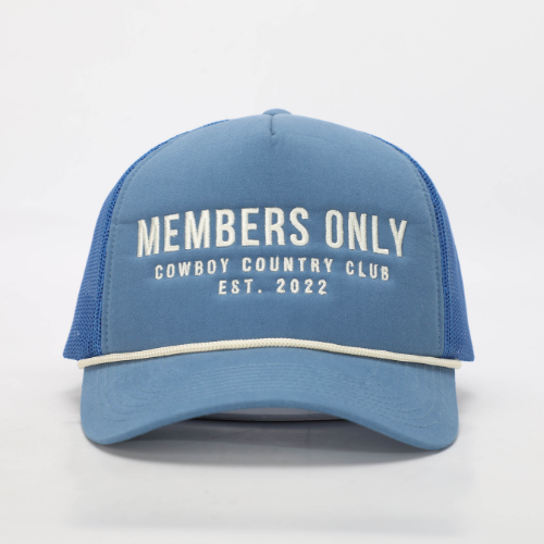Blue Members Only cowboy country club trucker hat with embroidered logo and mesh back