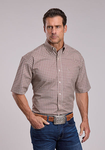 Men’s red geometric print Western shirt in cotton poplin with short sleeves and button front by Stetson
