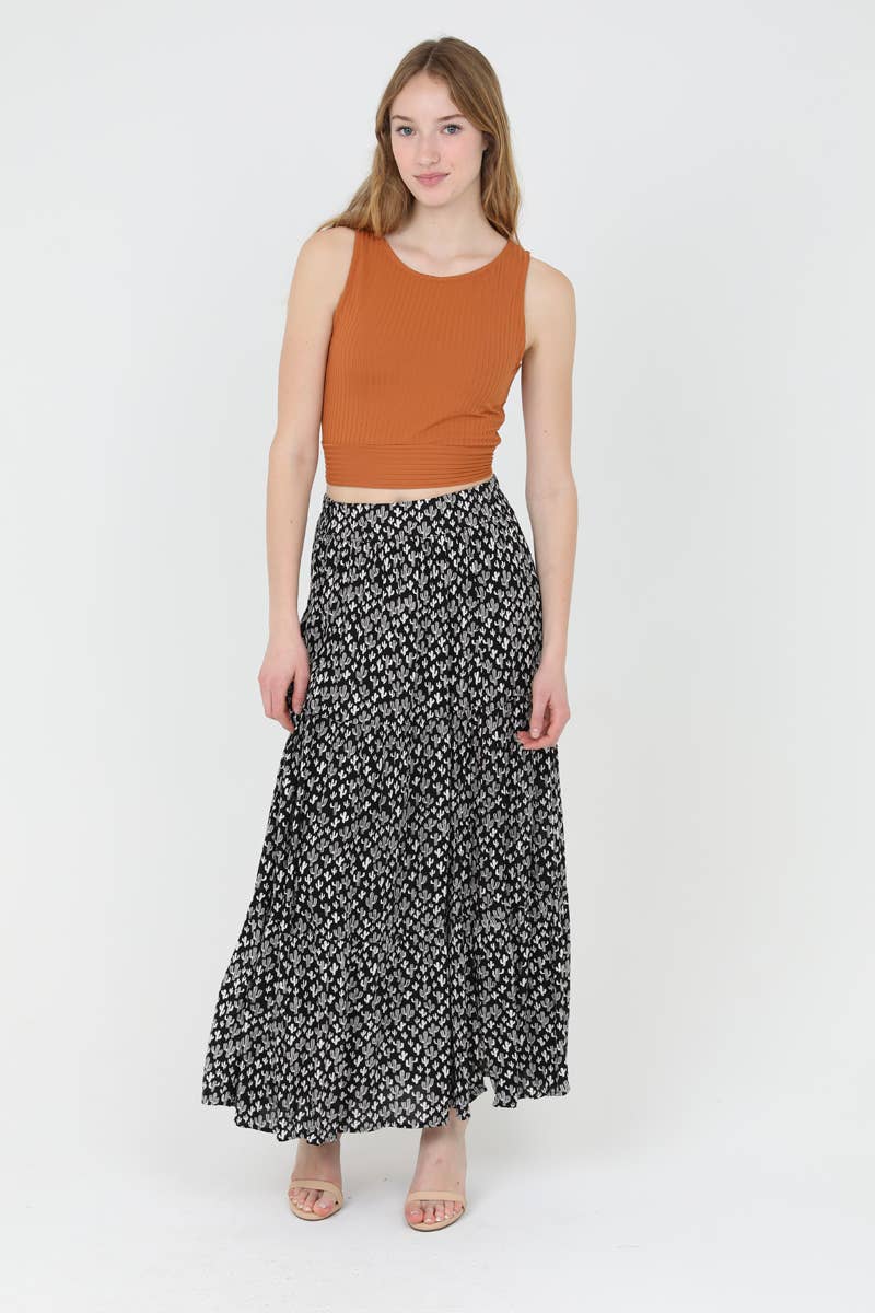 Women’s black western cactus print maxi skirt with elastic waist and front slit
