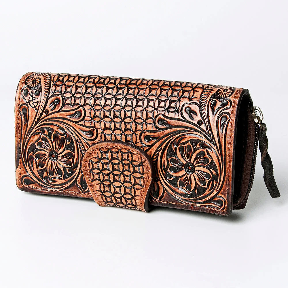 Brown leather wallet with intricate floral patterns on a white background