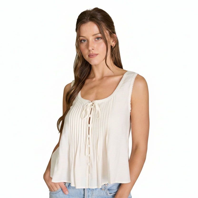 Sleeveless pintuck tank top with button-down front in lightweight linen blend fabric