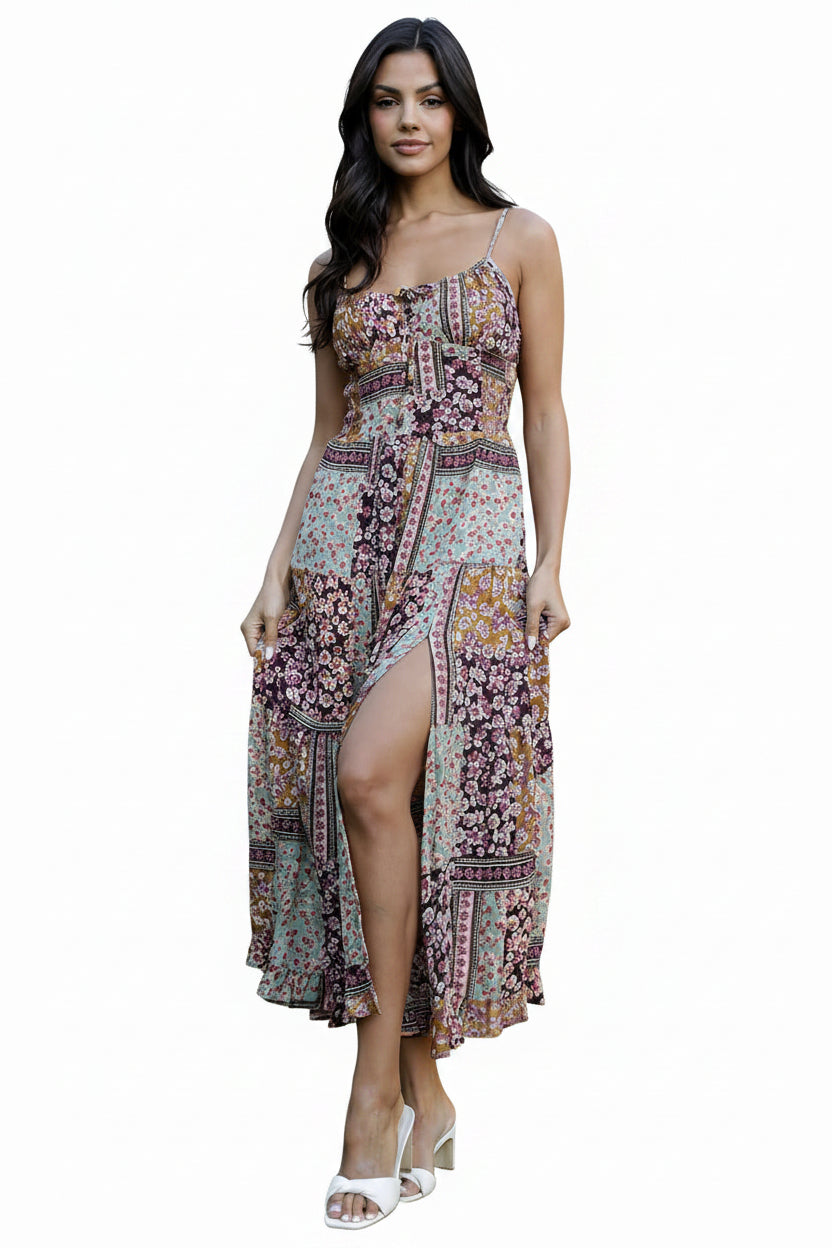 Women’s western patchwork floral maxi dress with spaghetti straps, tie front detail, and flowing silhouette
