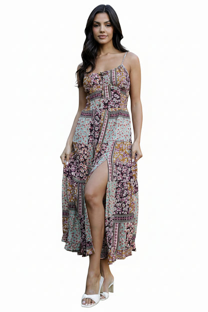 Women’s western patchwork floral maxi dress with spaghetti straps, tie front detail, and flowing silhouette