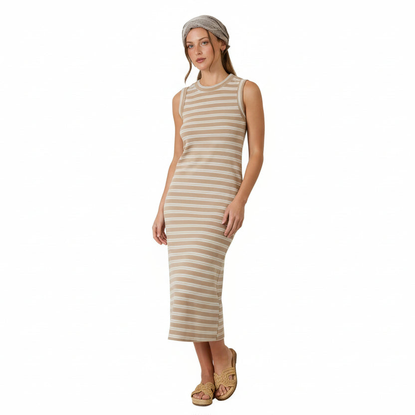 Sleeveless striped knit midi dress with back button detail and split hem