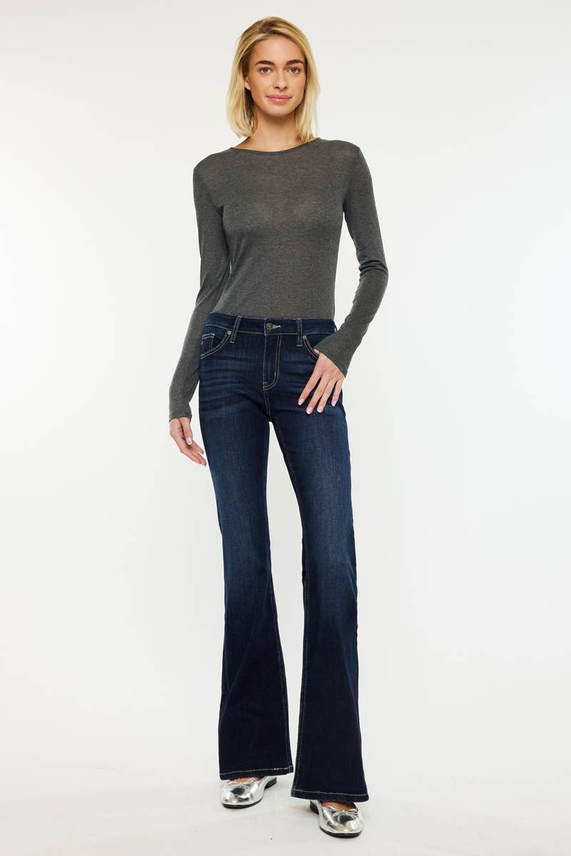 Ranchland Blues Bootcut – Mid-rise flare jeans in a dark wash with stretch, featuring a 1-button zip fly closure and a clean, classic design. Flattering fit with a 9 1/4&quot; rise and 33 3/4&quot; inseam.