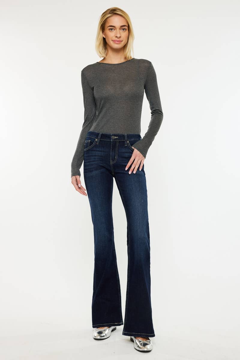 Ranchland Blues Bootcut – Mid-rise flare jeans in a dark wash with stretch, featuring a 1-button zip fly closure and a clean, classic design. Flattering fit with a 9 1/4" rise and 33 3/4" inseam.