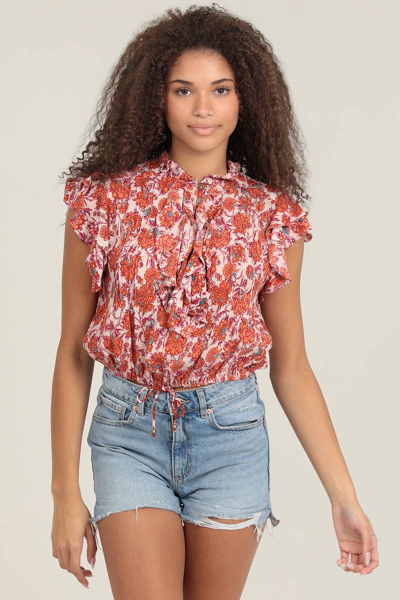 Women’s western pink floral printed blouse with ruffle sleeves, notch neckline, and front button detail