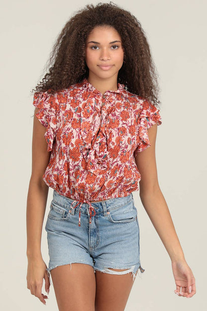 Women’s western pink floral printed blouse with ruffle sleeves, notch neckline, and front button detail