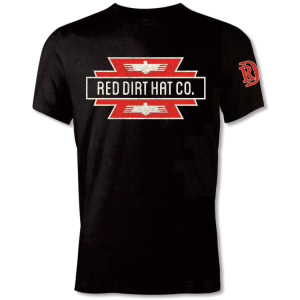 Black unisex t-shirt (SKU: RDHC-T-190) featuring the Red Dirt Hat Co. logo in red, white, and black with a bold Western-inspired design and RDH emblem on the sleeve.