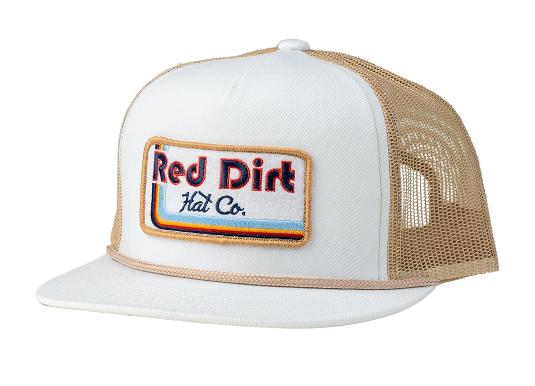 A white and tan Red Dirt Hat Co. Neon Cowboy Hat featuring a retro-inspired embroidered patch, flat bill with rope detail, and breathable mesh back.