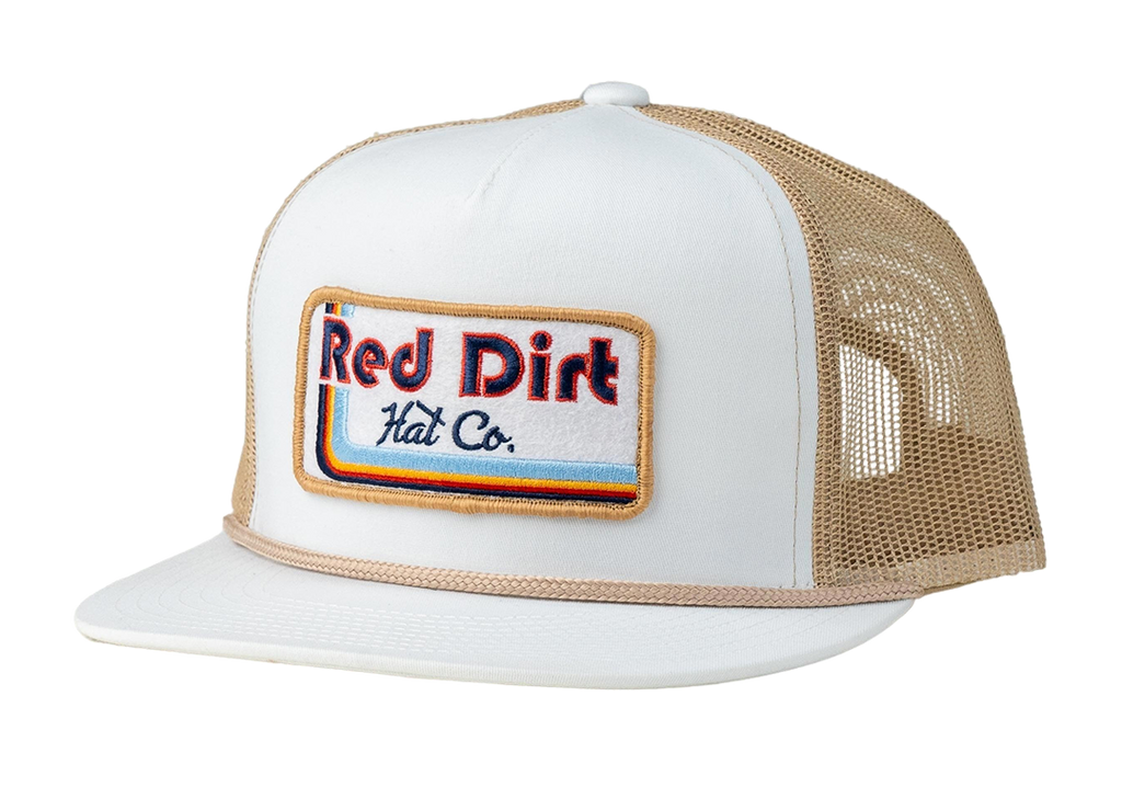 A white and tan Red Dirt Hat Co. Neon Cowboy Hat featuring a retro-inspired embroidered patch, flat bill with rope detail, and breathable mesh back.