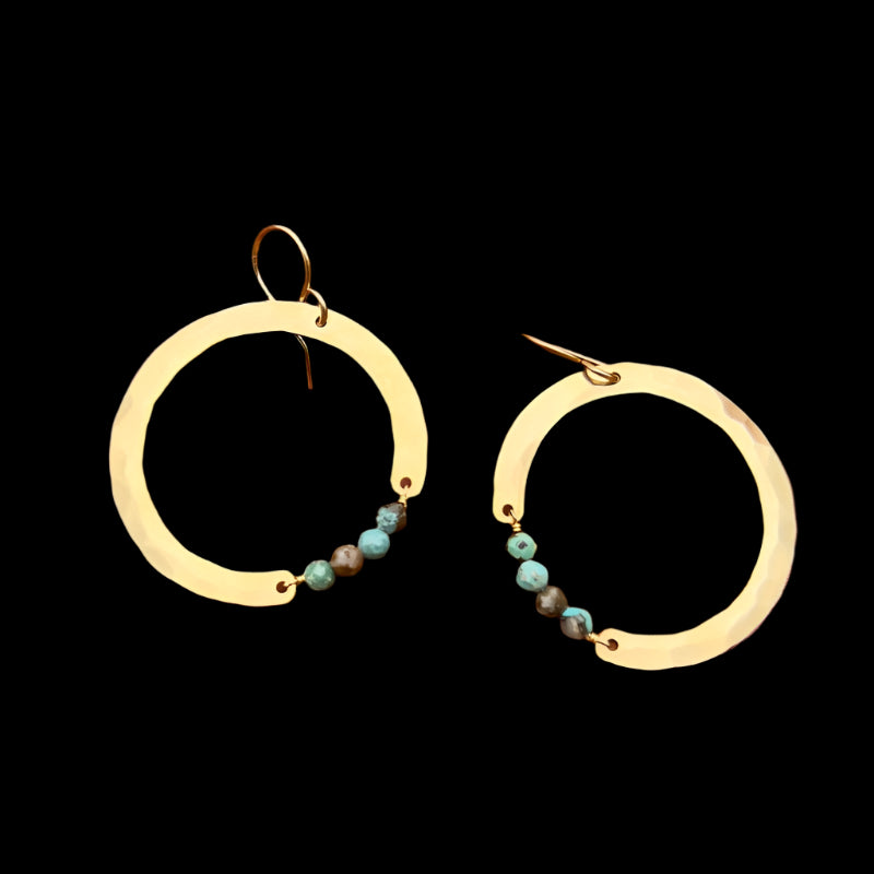 Handmade Rising Sun Hoops featuring gold hoops with moonstone or turquoise beads, hanging from hypoallergenic 14k gold-filled ear wires.