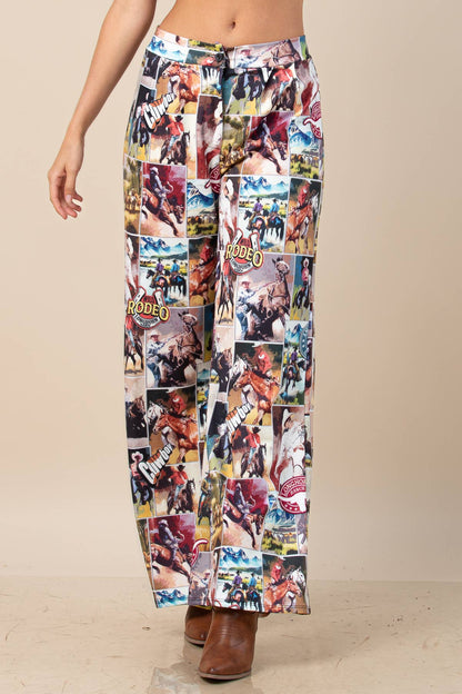 Western rodeo graphic print wide-leg pants with a front button, zipper closure, and elastic back waistband.