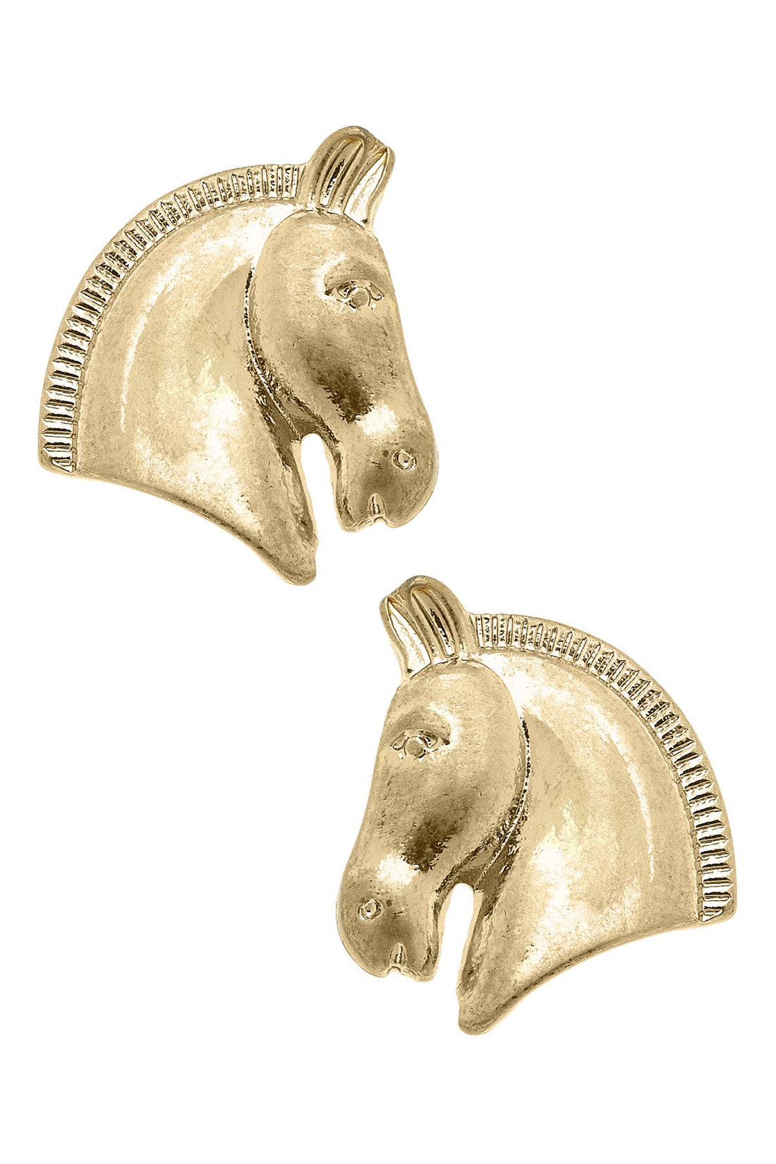 A pair of gold-tone horse head stud earrings with intricate detailing, capturing the elegance and spirit of equestrian style. A timeless accessory for horse lovers and fashion enthusiasts alike.