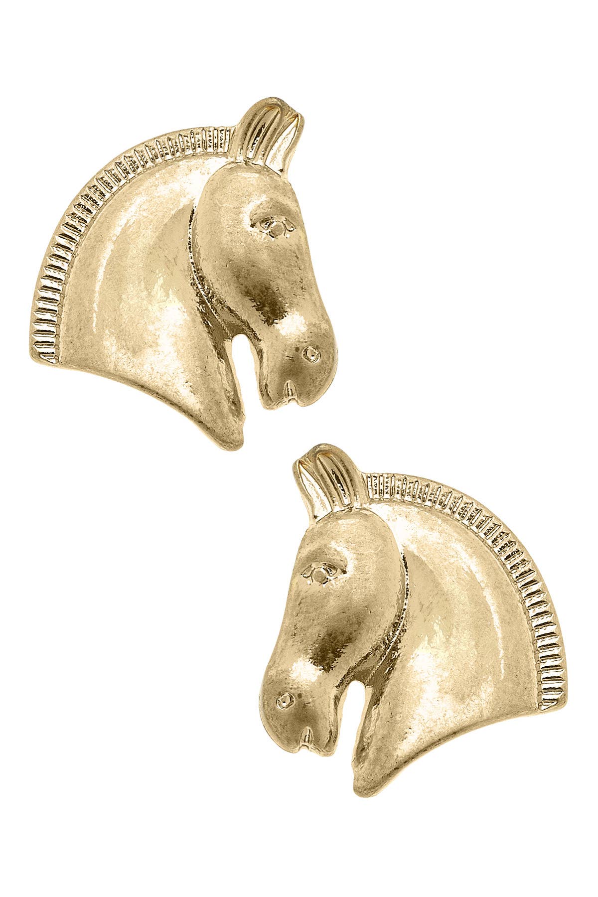 A pair of gold-tone horse head stud earrings with intricate detailing, capturing the elegance and spirit of equestrian style. A timeless accessory for horse lovers and fashion enthusiasts alike.