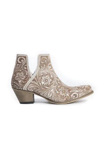 Western Moxie Hand-tooled Booties, White Chocolate