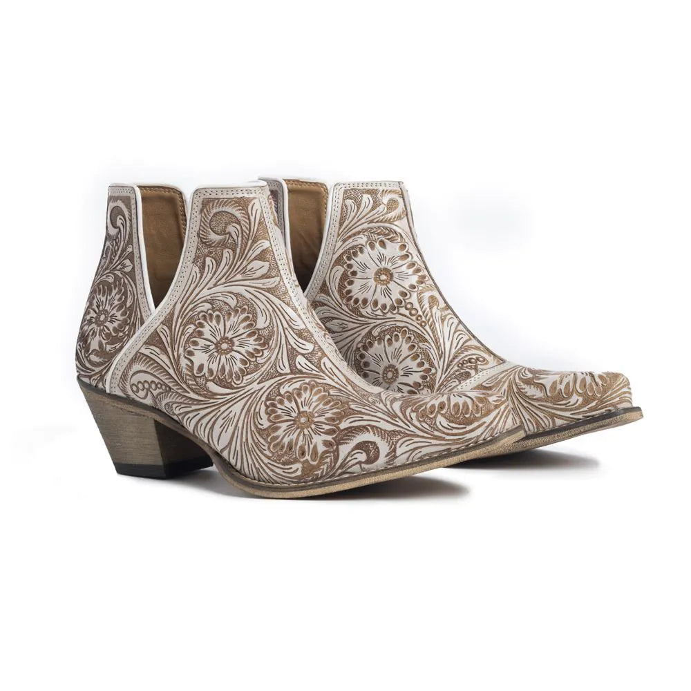 Western Moxie Hand-tooled Booties, White Chocolate