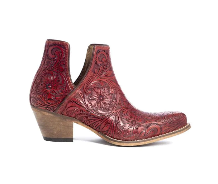 Western Moxie Hand-tooled Booties, Scarlet