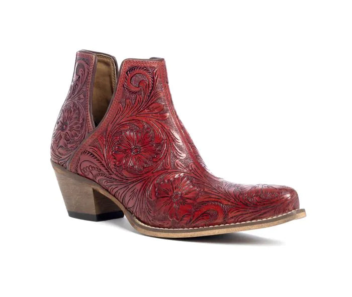 Western Moxie Hand-tooled Booties, Scarlet