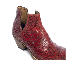 Western Moxie Hand-tooled Booties, Scarlet