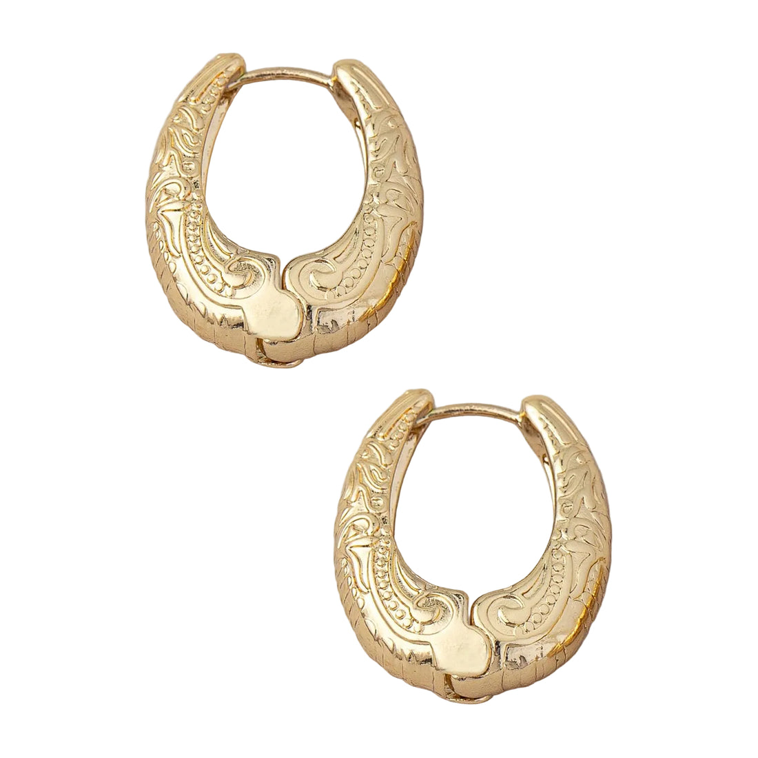 Pair of gold hoop earrings on a light gray background