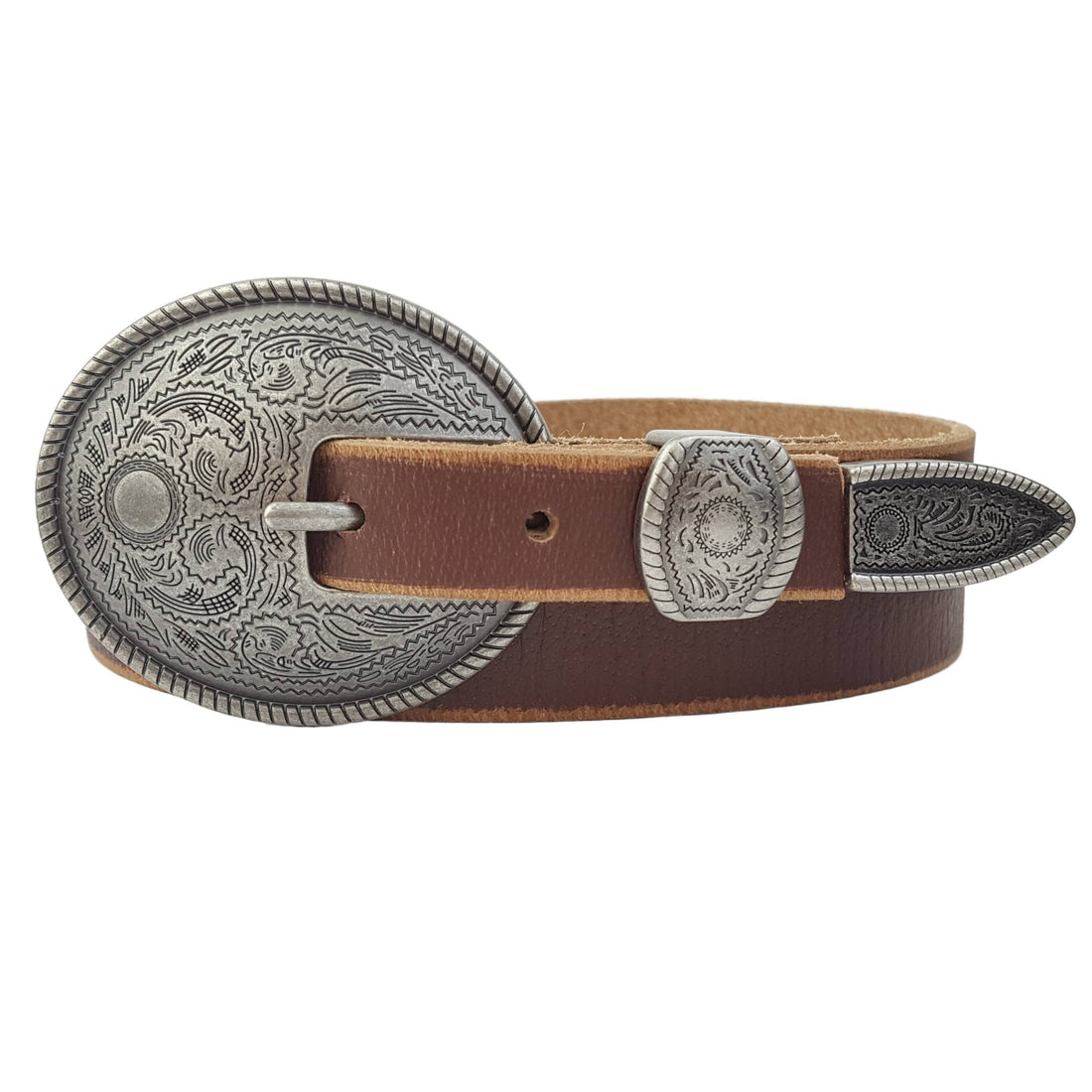 Saddleback Concho Belt with dark silver floral engraved buckle and rope edge on brown distressed leather skinny belt