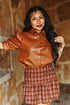 Women’s camel faux leather western blouse with puff sleeves and button front