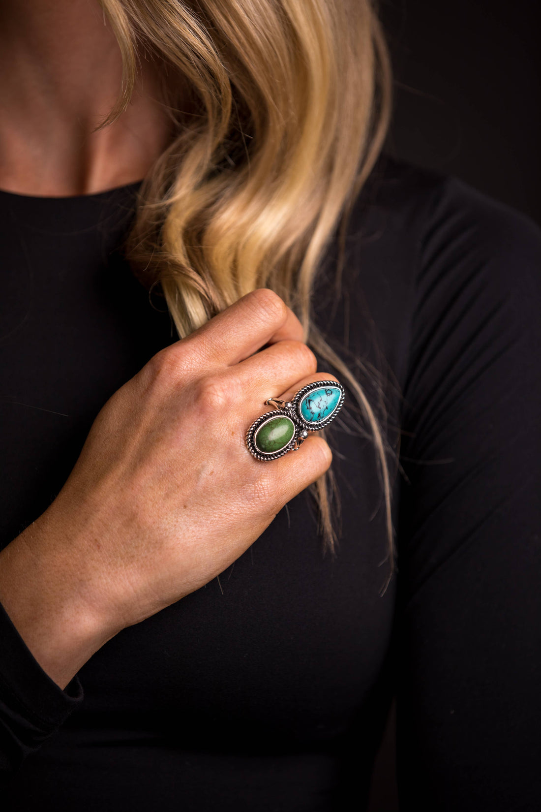 Sage &amp; Sky Ring featuring a 2-inch adjustable silver setting with a turquoise teardrop and green oval stone, inspired by Southwestern landscapes.