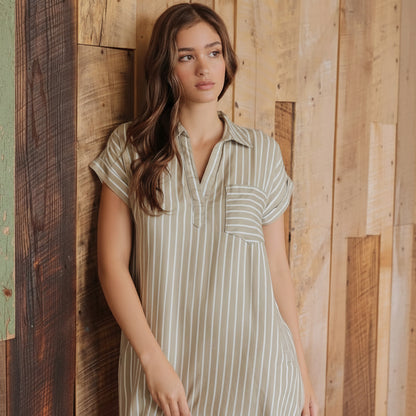 Sage striped shirt dress with collared split neckline, short cuffed sleeves, and relaxed fit in lightweight lyocell fabric
