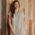 Sage striped shirt dress with collared split neckline, short cuffed sleeves, and relaxed fit in lightweight lyocell fabric