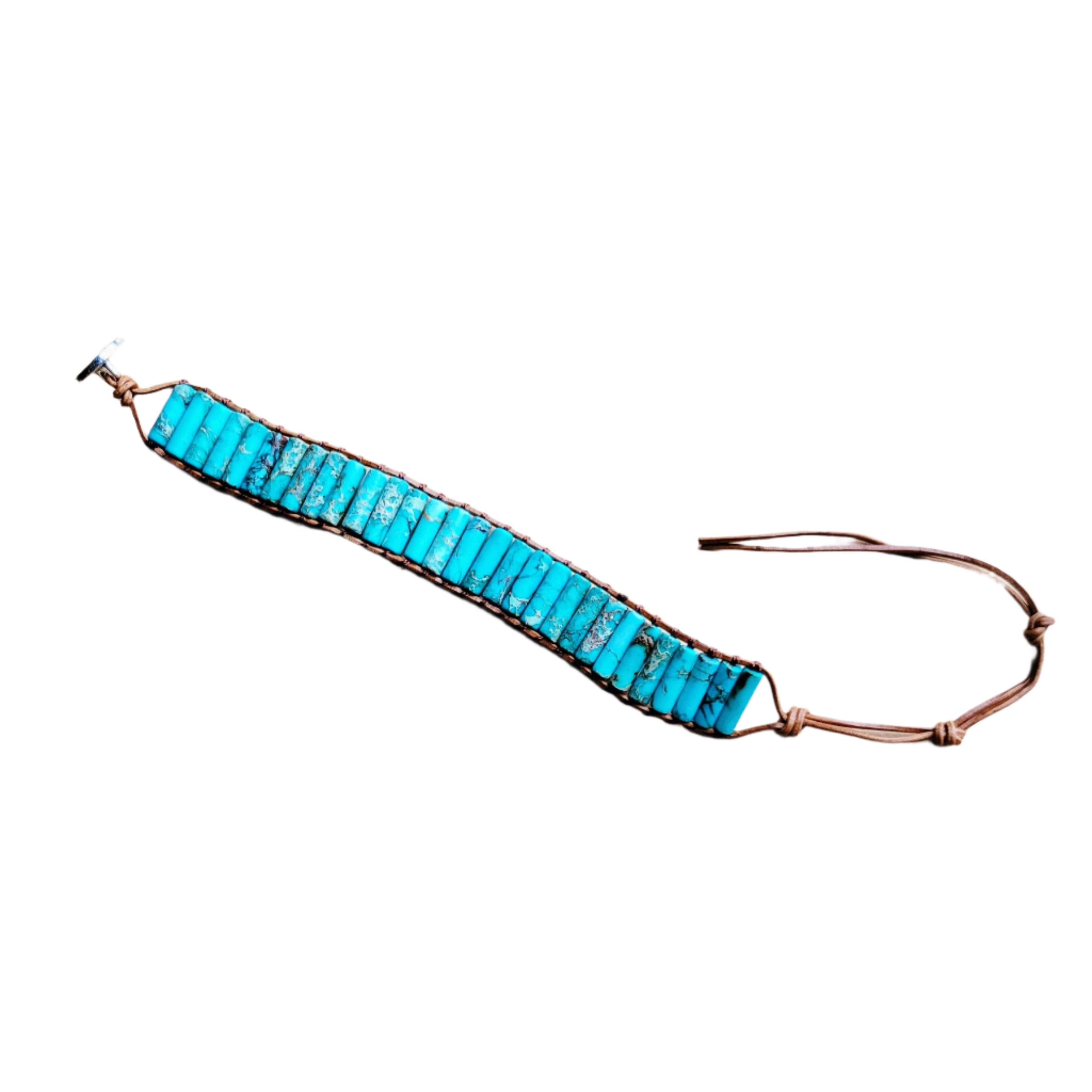 Santa Fe Trail Wrap Bracelet featuring woven Regalite turquoise stacked stones with adjustable leather detailing.