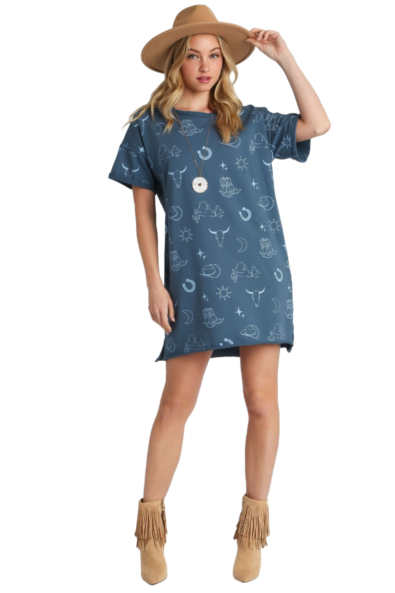 Short Sleeve Round Neck Graphic Dress, Denim Blue