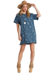 Short Sleeve Round Neck Graphic Dress, Denim Blue