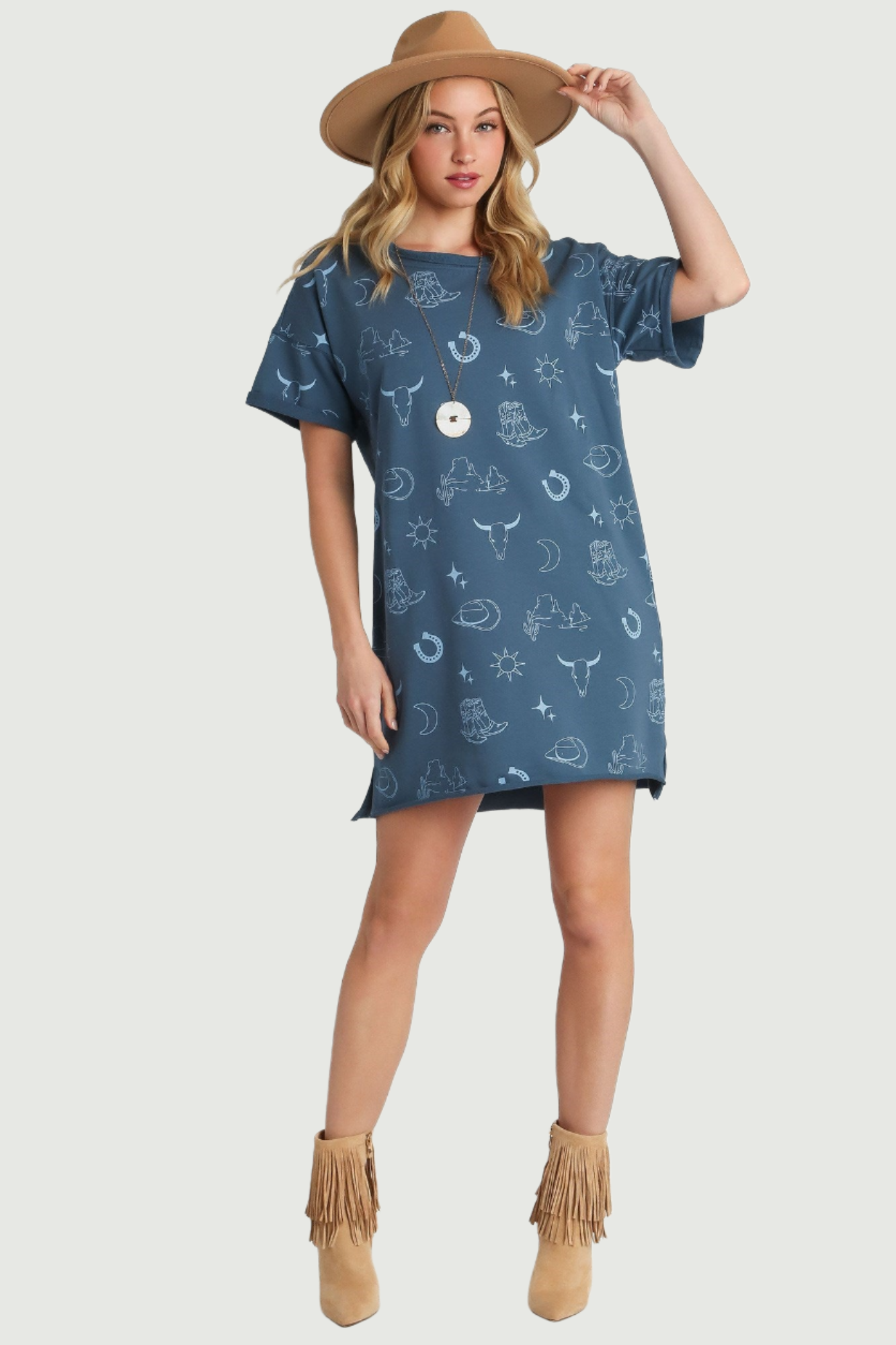 Short Sleeve Round Neck Graphic Dress, Denim Blue