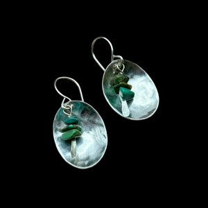 Handmade Sierra Verde Earrings featuring silver pendants with jasper stones, hanging from hypoallergenic sterling silver ear wires.