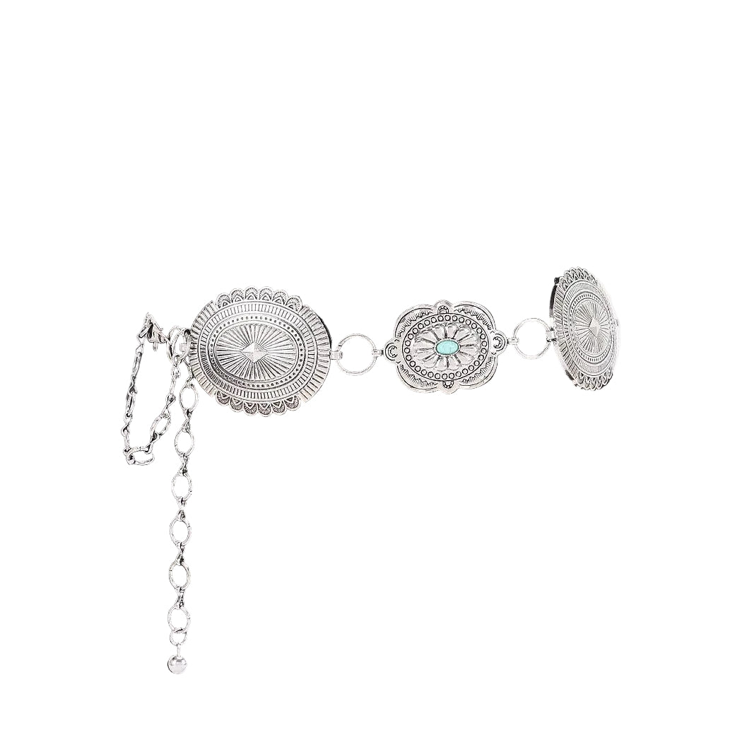 Silver western chain belt with engraved medallion links and turquoise accents for waist or hip styling